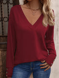 Solid V Neck Button Loose Long Sleeve Tee_CWTTL01231