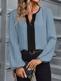 Colorblock V Neck Puff Sleeve Blouse_CWTTL01232