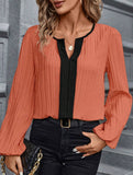 Colorblock V Neck Puff Sleeve Blouse_CWTTL01232