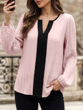 Colorblock V Neck Puff Sleeve Blouse_CWTTL01232