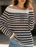 Stripe Hollow Loose Knit Off Shoulder Top_CWTTL01236