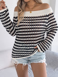 Stripe Hollow Loose Knit Off Shoulder Top_CWTTL01236