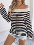 Stripe Hollow Loose Knit Off Shoulder Top_CWTTL01236