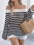 Stripe Hollow Loose Knit Off Shoulder Top_CWTTL01236
