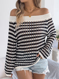 Stripe Hollow Loose Knit Off Shoulder Top_CWTTL01236