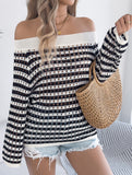 Stripe Hollow Loose Knit Off Shoulder Top_CWTTL01236