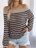 Stripe Hollow Loose Knit Off Shoulder Top_CWTTL01236