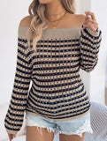 Stripe Hollow Loose Knit Off Shoulder Top_CWTTL01236