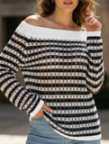 Stripe Hollow Loose Knit Off Shoulder Top_CWTTL01236