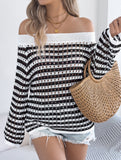 Stripe Hollow Loose Knit Off Shoulder Top_CWTTL01236