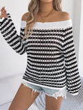 Stripe Hollow Loose Knit Off Shoulder Top_CWTTL01236