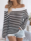 Stripe Hollow Loose Knit Off Shoulder Top_CWTTL01236