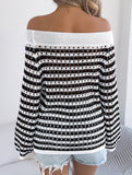 Stripe Hollow Loose Knit Off Shoulder Top_CWTTL01236