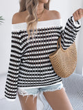 Stripe Hollow Loose Knit Off Shoulder Top_CWTTL01236