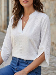 Solid Hollow V Neck Loose Casual Shirt
