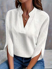 Solid Hollow V Neck Loose Casual Shirt