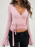 Lace Trim V Neck Crop Tee
