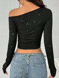 Rhinestone One Shoulder Knit Top