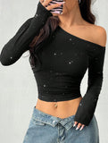 Rhinestone One Shoulder Knit Top