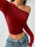Rhinestone One Shoulder Knit Top