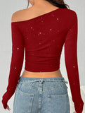 Rhinestone One Shoulder Knit Top