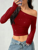 Rhinestone One Shoulder Knit Top