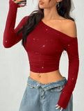 Rhinestone One Shoulder Knit Top