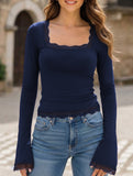Lace Trim Long Sleeve Slim Top