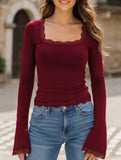 Lace Trim Long Sleeve Slim Top