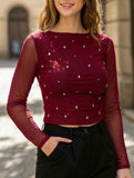 Double Mesh Rhinestone Long Sleeve Top