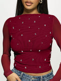 Double Mesh Rhinestone Long Sleeve Top