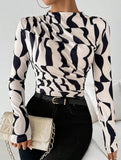 Ruffle Mock Neck Print Slim Top