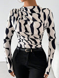 Ruffle Mock Neck Print Slim Top