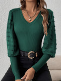 Ribbed V Neck Chiffon Sleeve Top