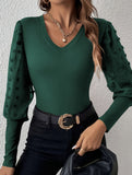 Ribbed V Neck Chiffon Sleeve Top