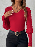 Ribbed V Neck Chiffon Sleeve Top
