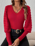 Ribbed V Neck Chiffon Sleeve Top