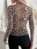 Leopard Mesh Ruffle Slim Top