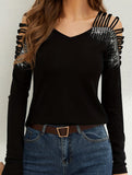 Rhinestone Hollow V Neck Tee