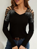 Rhinestone Hollow V Neck Tee