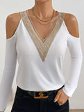 Lace V Neck Cutout Sleeve Top