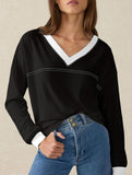 Contrast V Neck Loose Sweatshirt