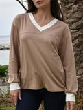 Contrast V Neck Loose Sweatshirt