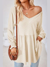 WOMEN V NECK PATTERNED RUFFLE SLEEVE TUNIC