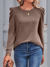 WOMEN LOOSE FIT SHIRRED PUFF SLEEVE PULLOVER TOP