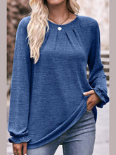 WOMEN LOOSE FIT SHIRRED PUFF SLEEVE PULLOVER TOP