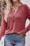 WOMEN BRUSHED BUTTONED V NECK LOOSE FIT TOP