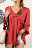 V- NECK WITH MINI RUFFLE DETAILED FLARE TOP
