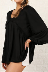 V- NECK WITH MINI RUFFLE DETAILED FLARE TOP