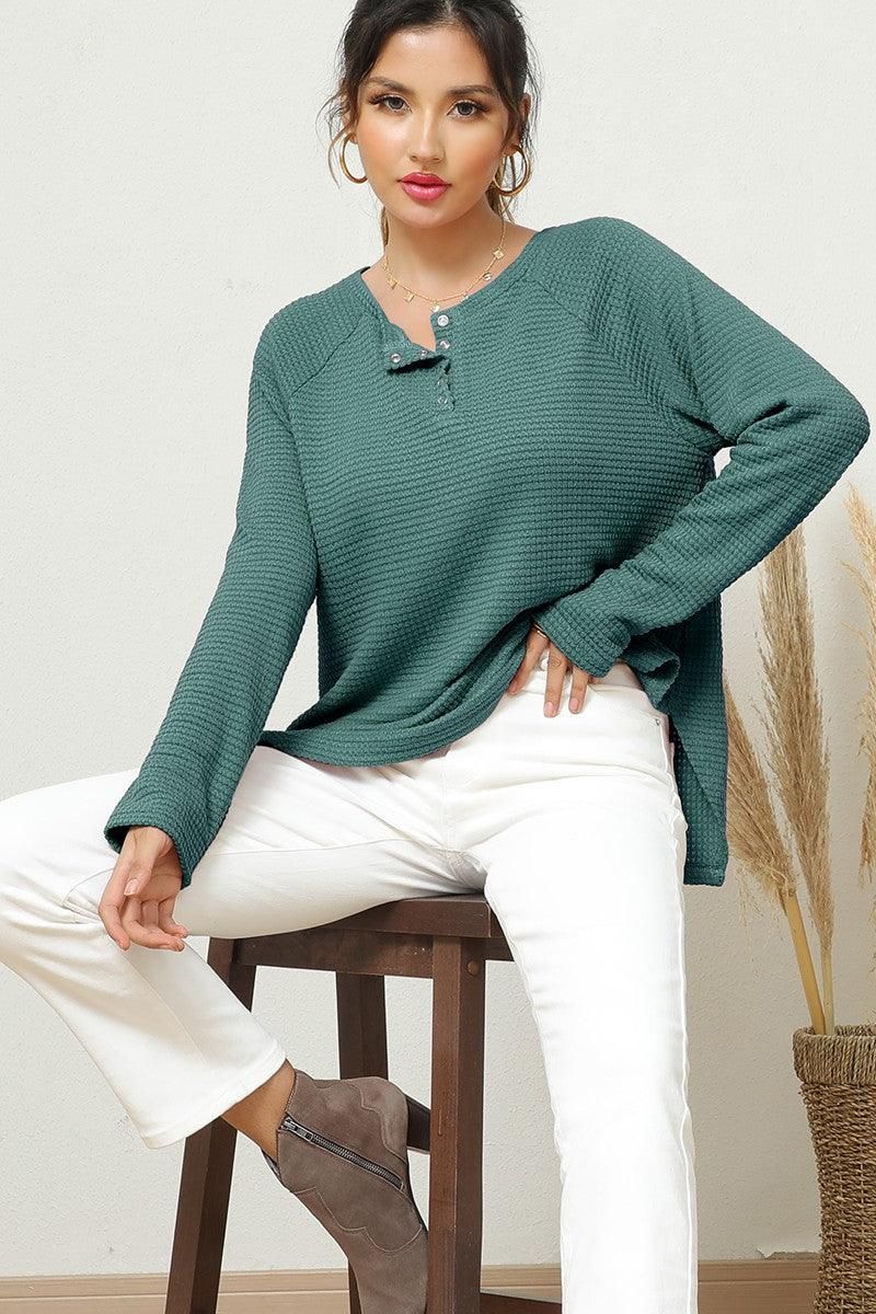 R NECK EYELET DETAILED REGLAN SWEATER KNIT TOP - Doublju